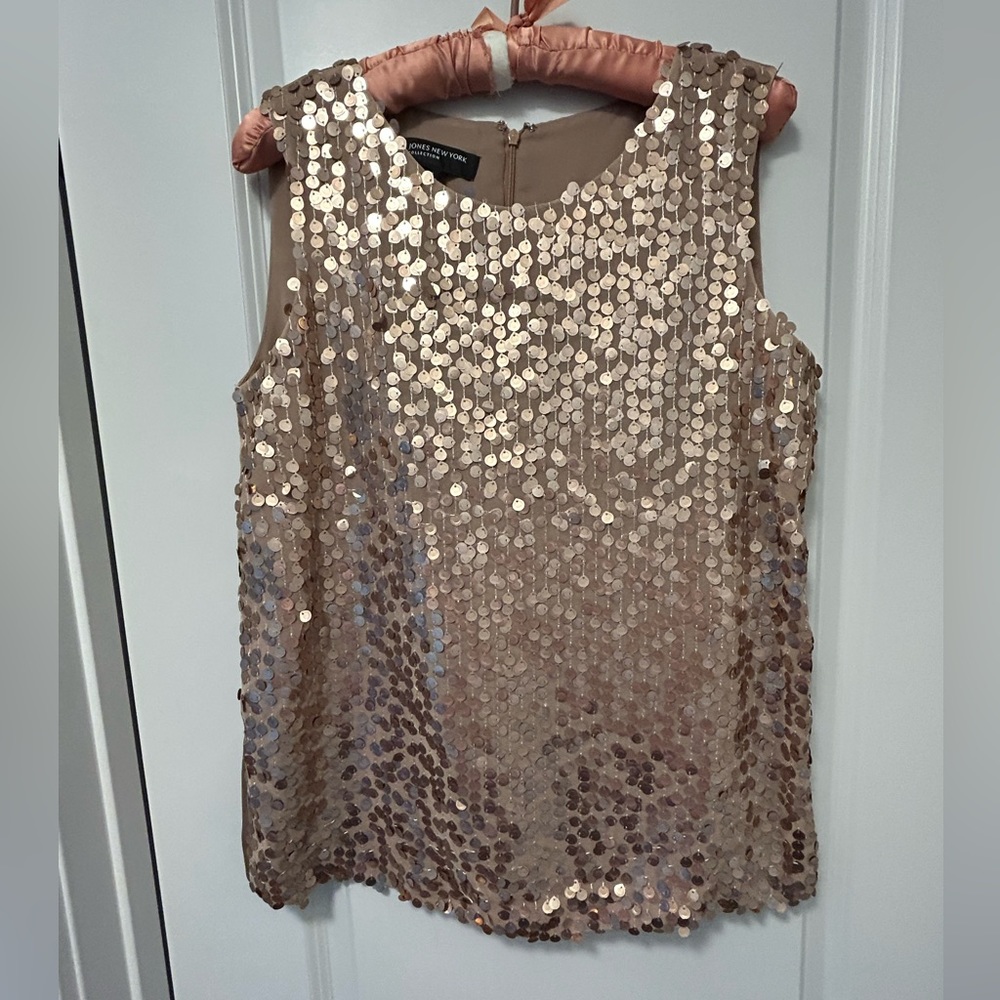 Jones New York- bronze color sequin lined top- back zip-size 8